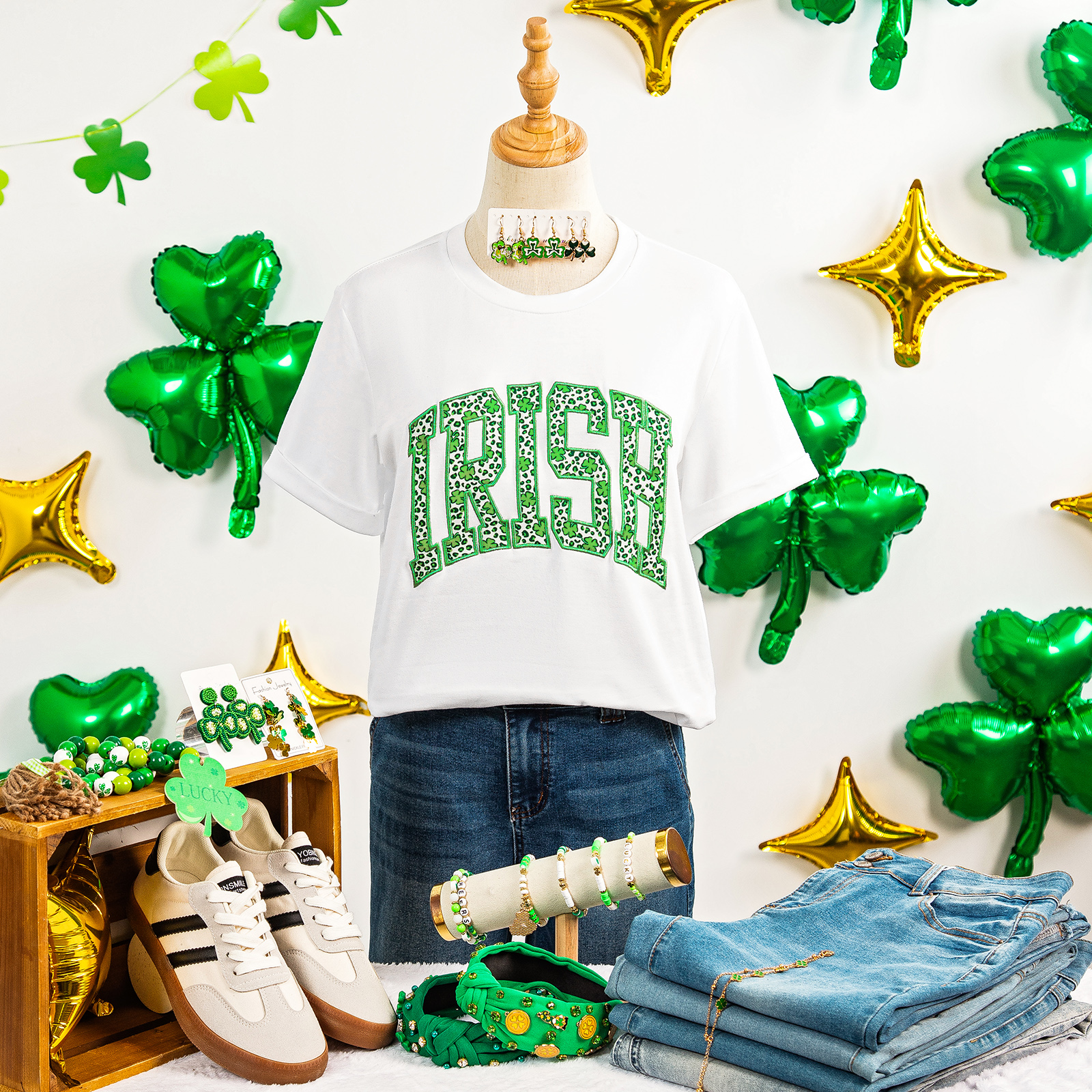 White IRISH Leopard Clover Embroidered Patch Graphic Tee - loveforevers
