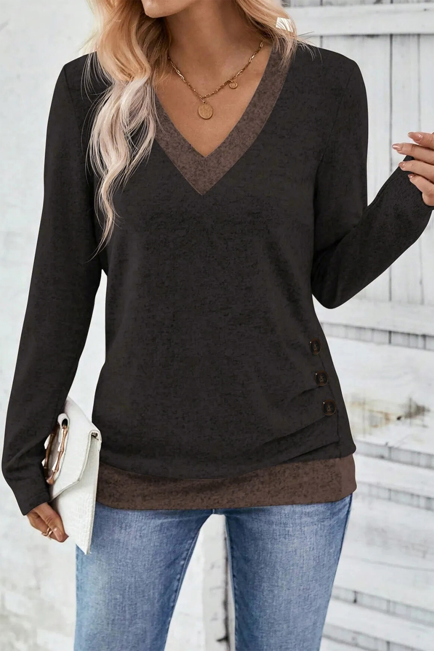 Chicory Coffee Color Block Trim V Neck Button Decor Long Sleeve Top - loveforevers