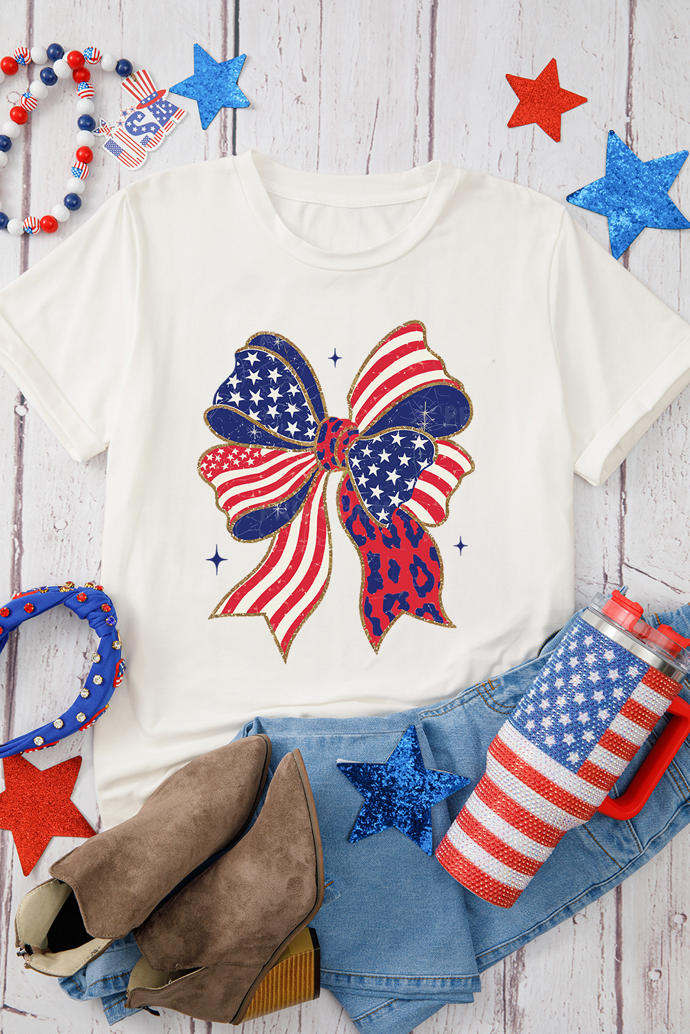 White Stars and Stripes Bow Print 4th of July T Shirt - loveforevers