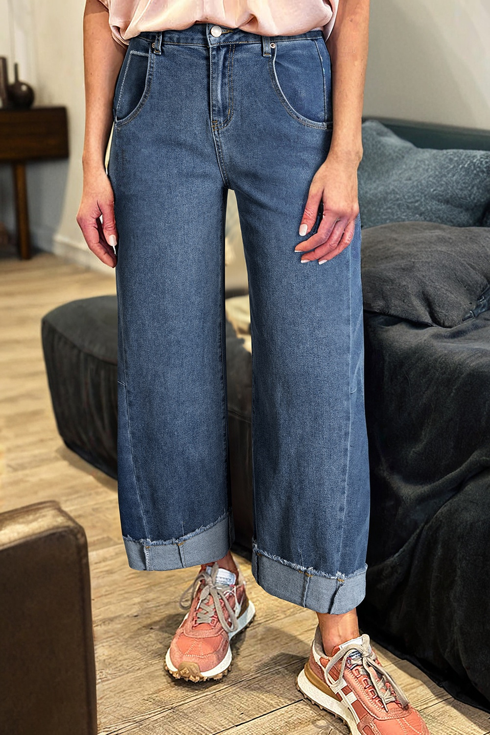 Ashleigh Blue Stitched Raw Hem Wide Leg Loose Jeans - loveforevers