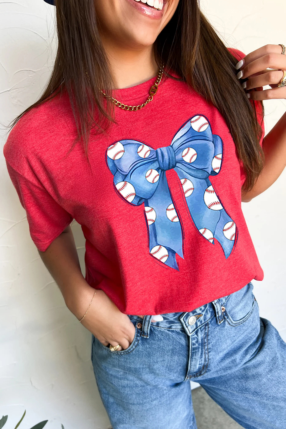 Red Rugby Bowknot Graphic Crew Neck Tee - loveforevers