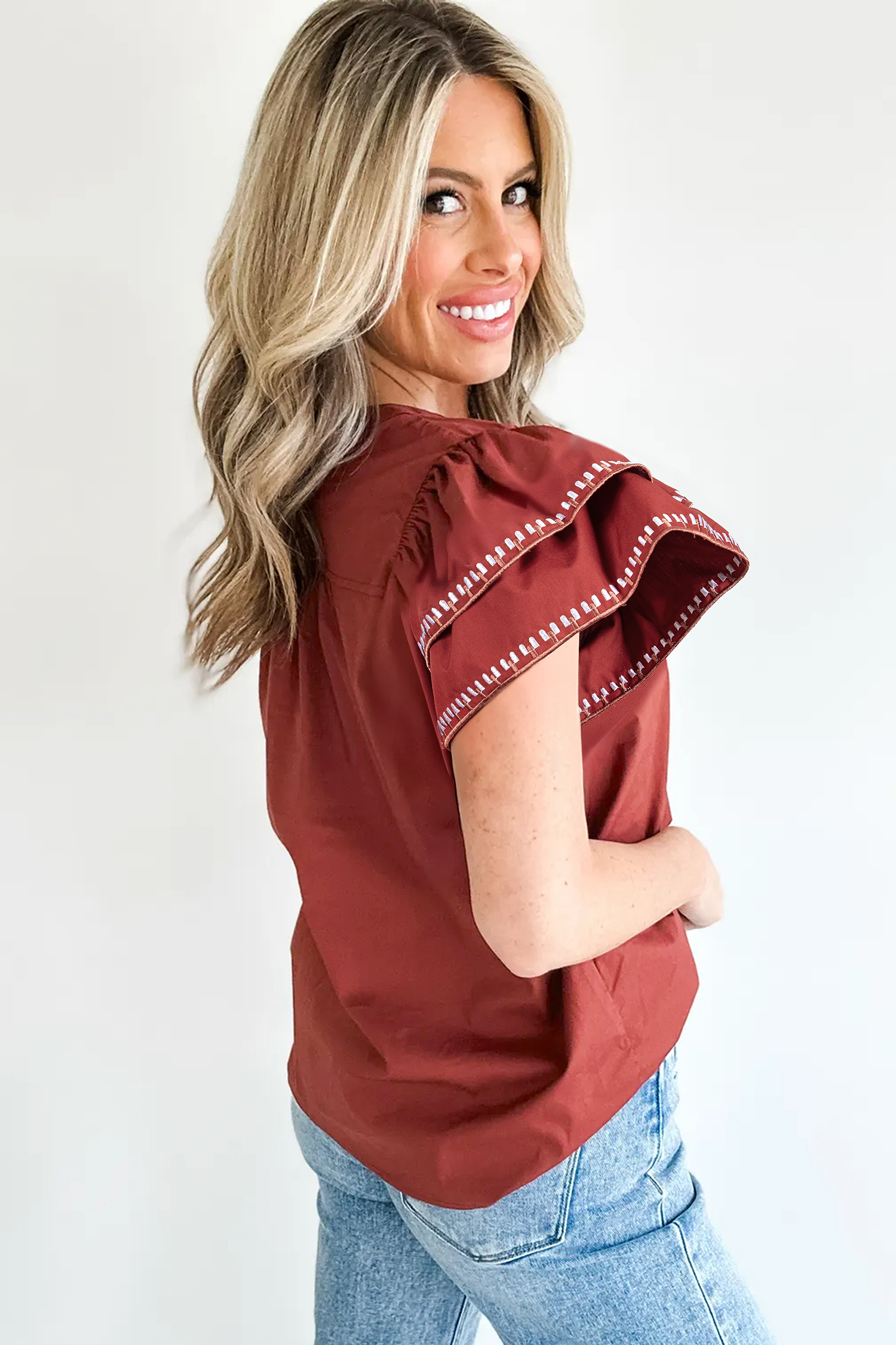 Clay Contrast Trim Flutter Sleeve V Neck Blouse - loveforevers