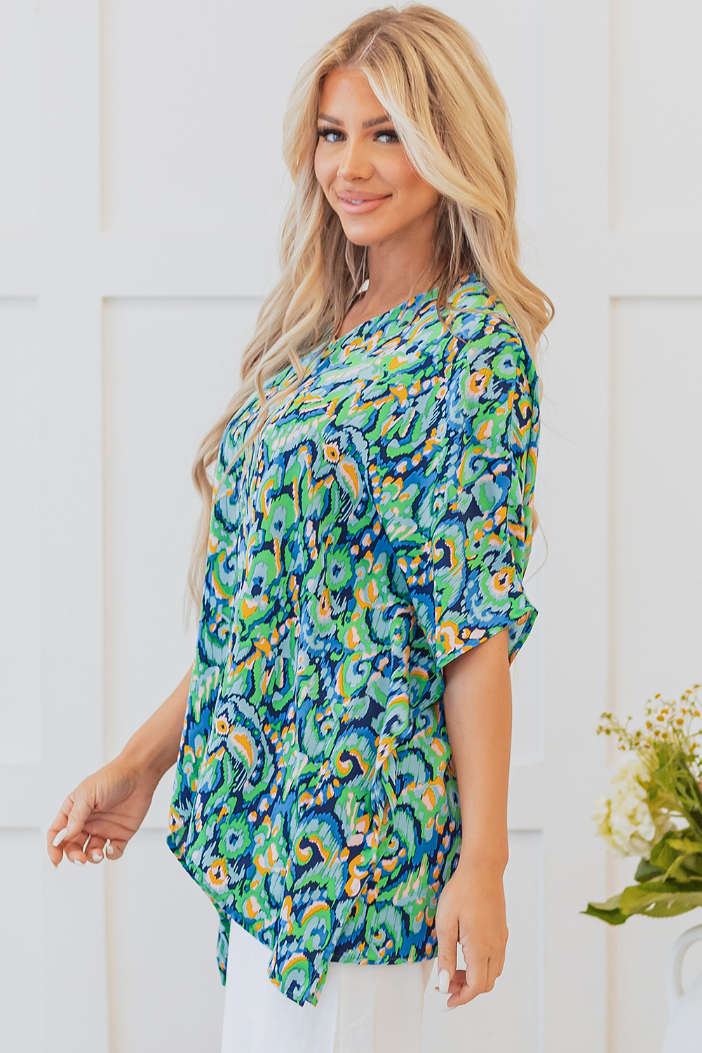 Pink Abstract Print V Neck Half Sleeve Loose Fit Tunic Blouse - loveforevers