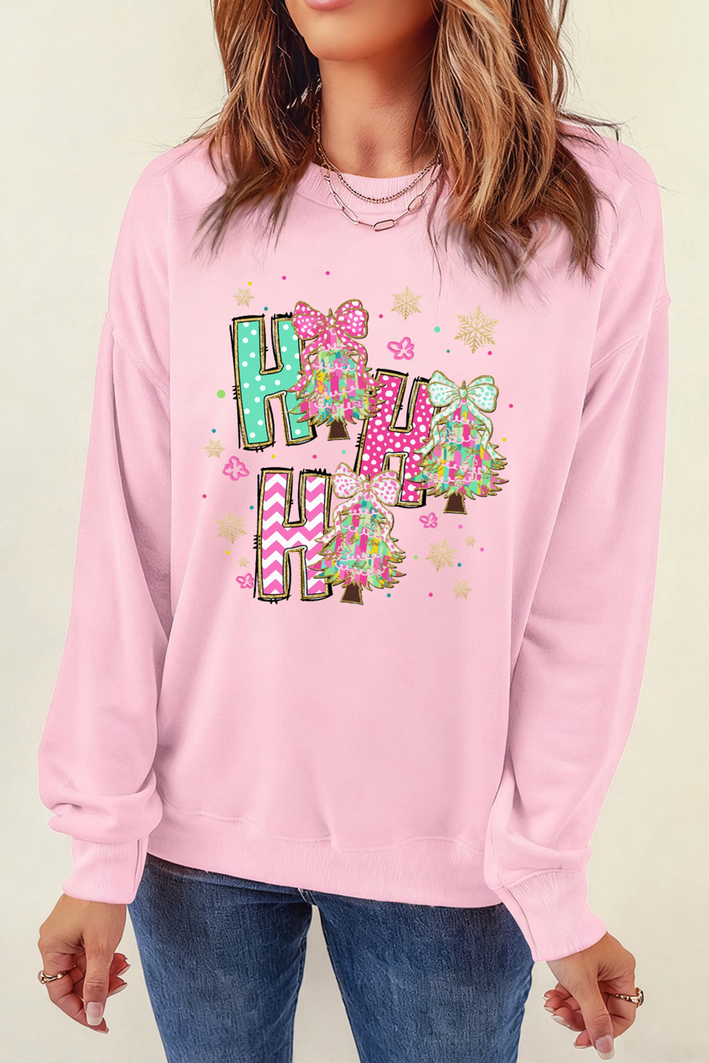 Pink HO HO HO Christmas Tree Graphic Pullover Sweatshirt - loveforevers