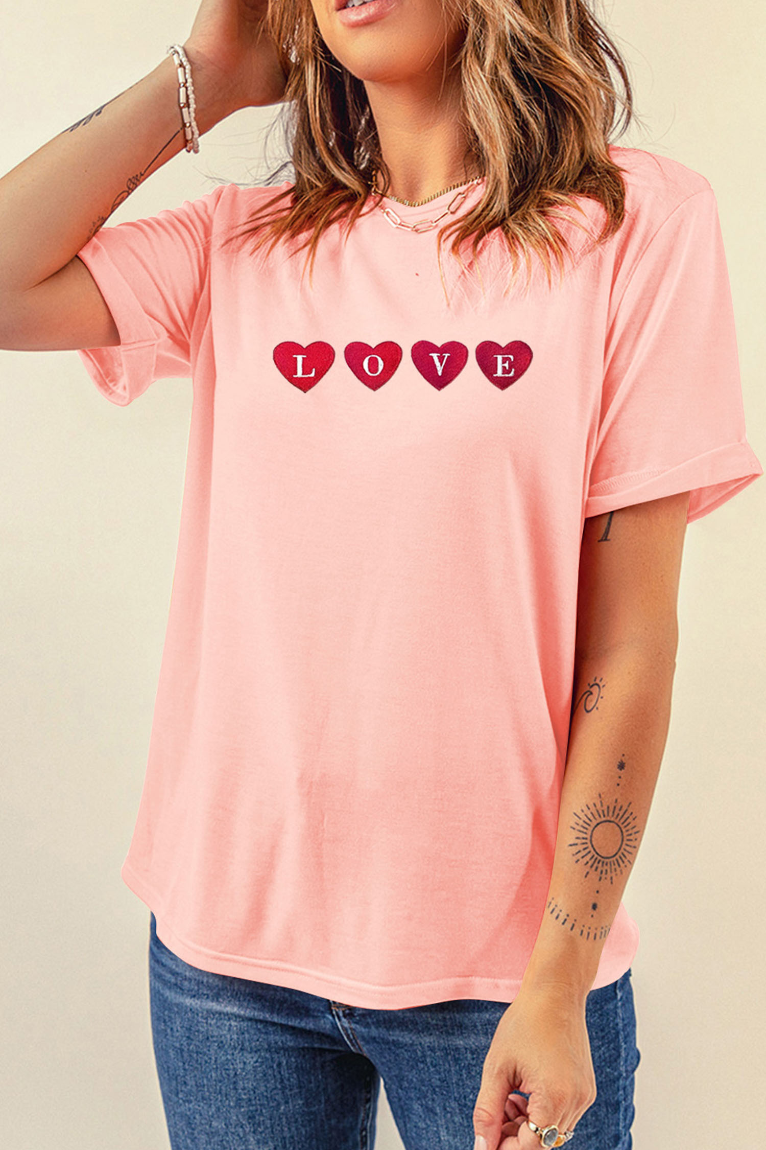 Pink LOVE In Hearts Embroidered Graphic Tee - loveforevers