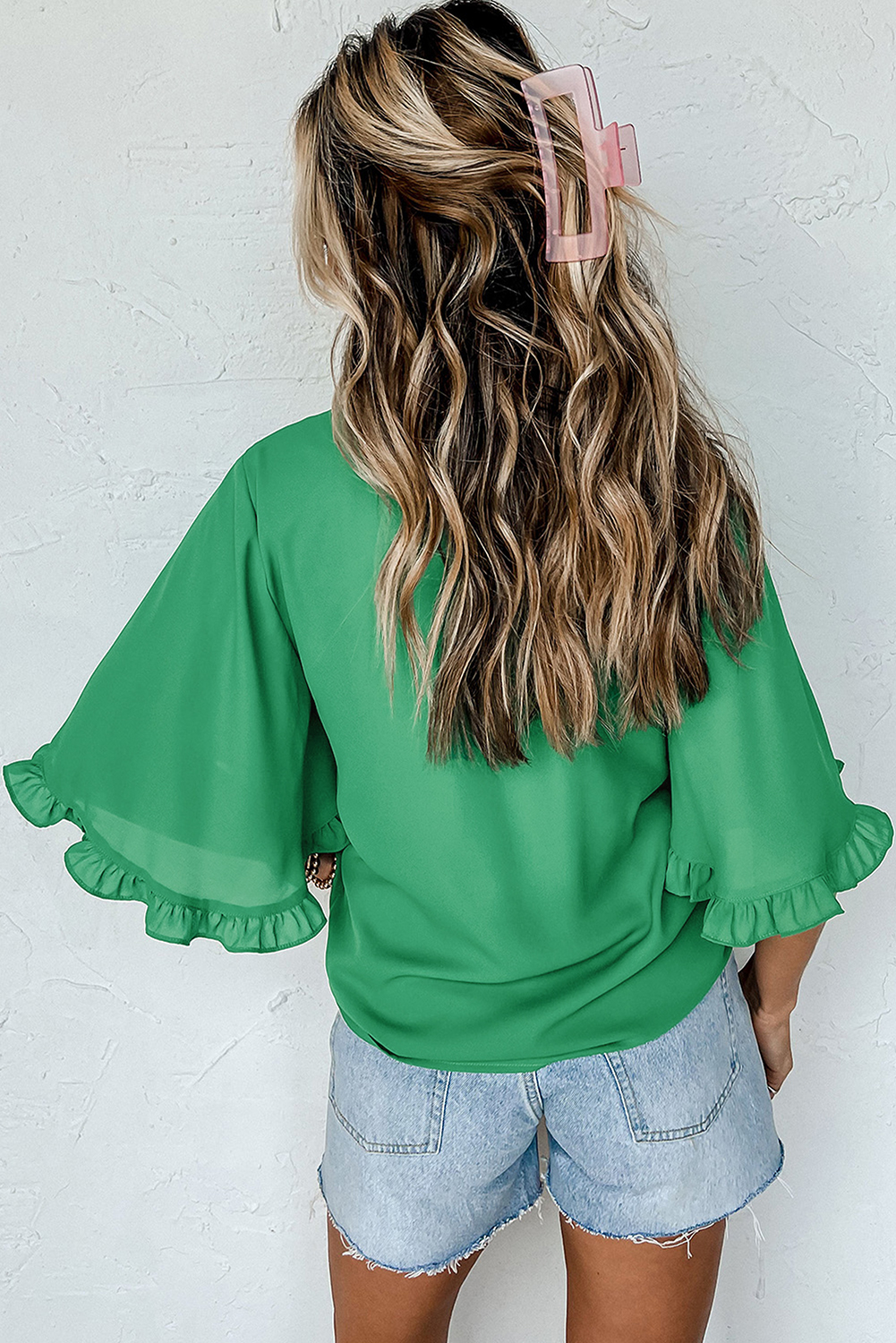 Green Ceramic Rhinstone lucky Clover Graphic Frilled Bell Sleeve Blouse - loveforevers