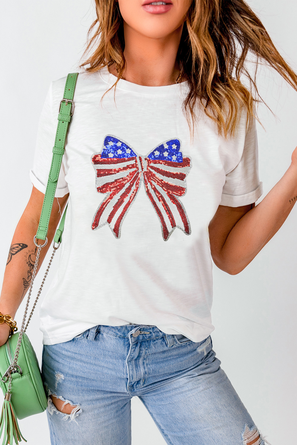 White USA Flag Bow Knot Patched Crew Neck T Shirt - loveforevers