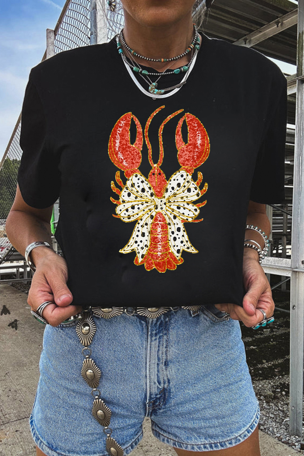 Black Dotty Bow Knot Crawfish Printed T Shirt - loveforevers