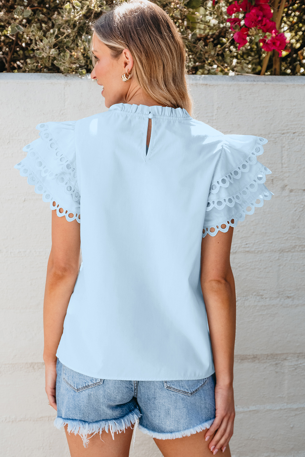 Beau Blue Layered Ric Rac Cap Sleeve Filled Neck Blouse - loveforevers