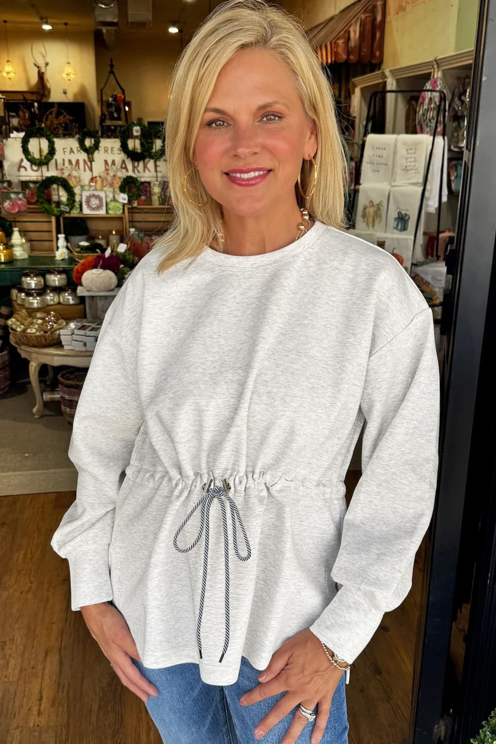 Light Grey Drawstring Waist Tunic Solid Sweatshirt - loveforevers