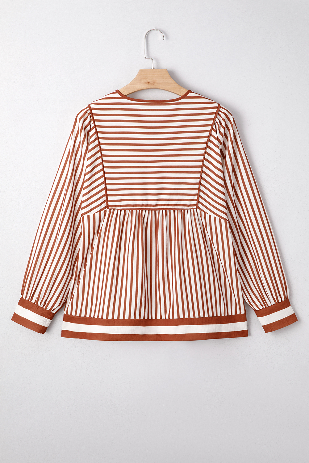 Brown Stripe Babydoll Long Sleeve Blouse - loveforevers