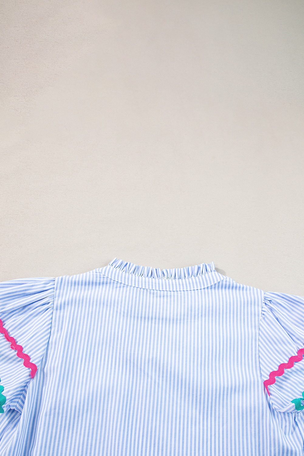 Sky Blue Stripe Ricrac Trim Split Neck Striped Ruffled Sleeve Blouse - loveforevers