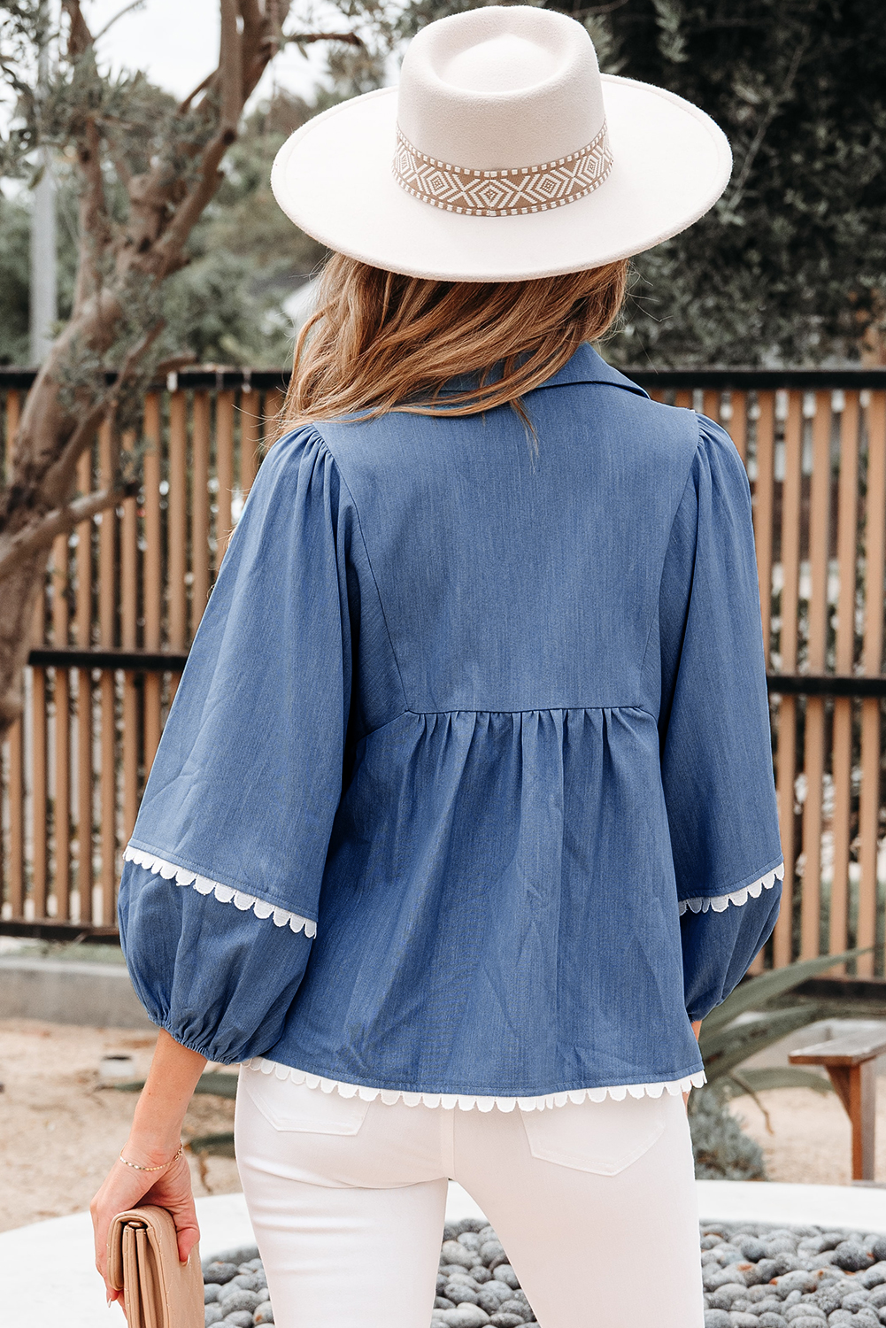 Dusk Blue Lace Ric Rac 3/4 Puff Sleeve Collared Babydoll Blouse - loveforevers
