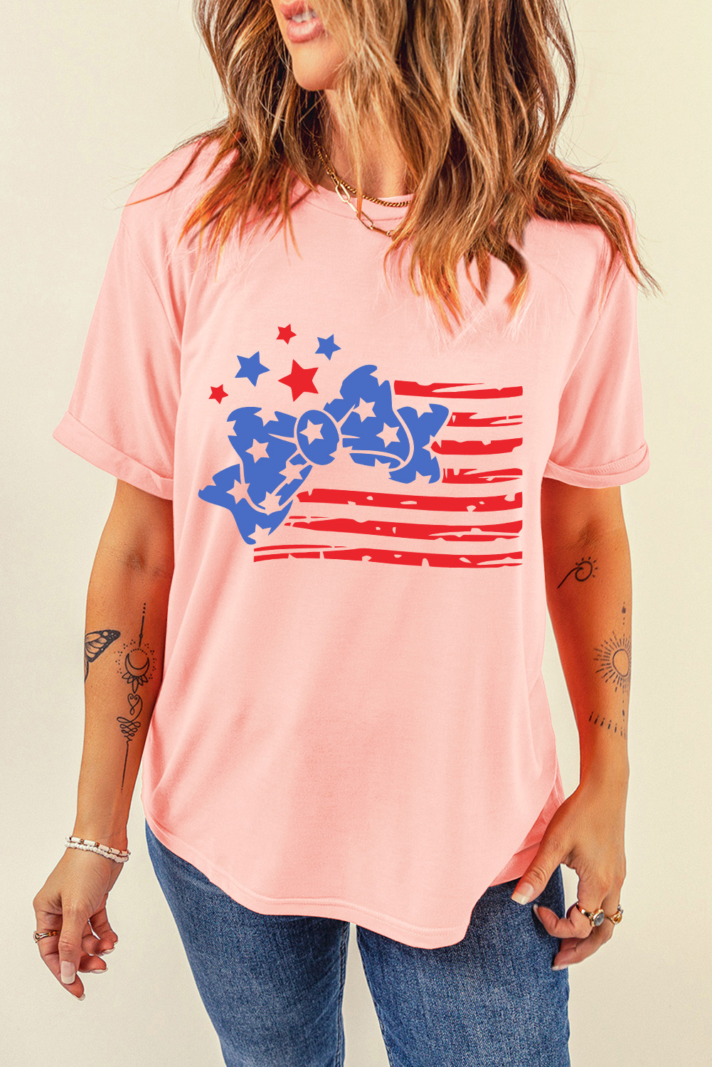 Pink Stars and Stripes Bow Knot Crew Neck T Shirt - loveforevers