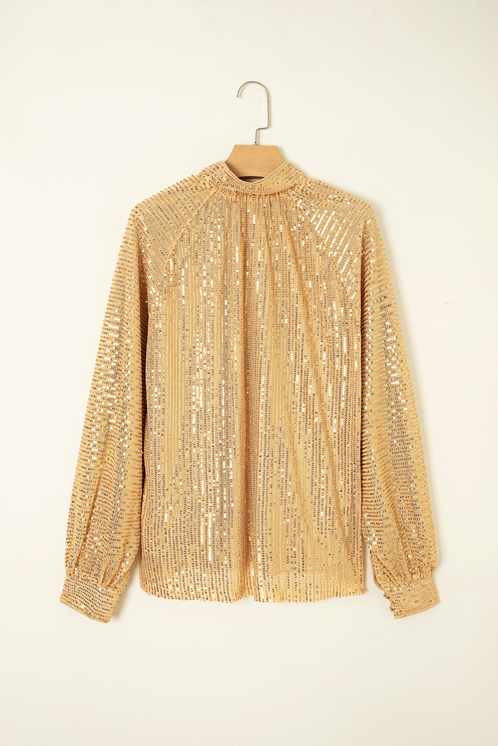 Gold Metallic Balloon Sleeve Buttoned High Neck Loose Blouse - loveforevers