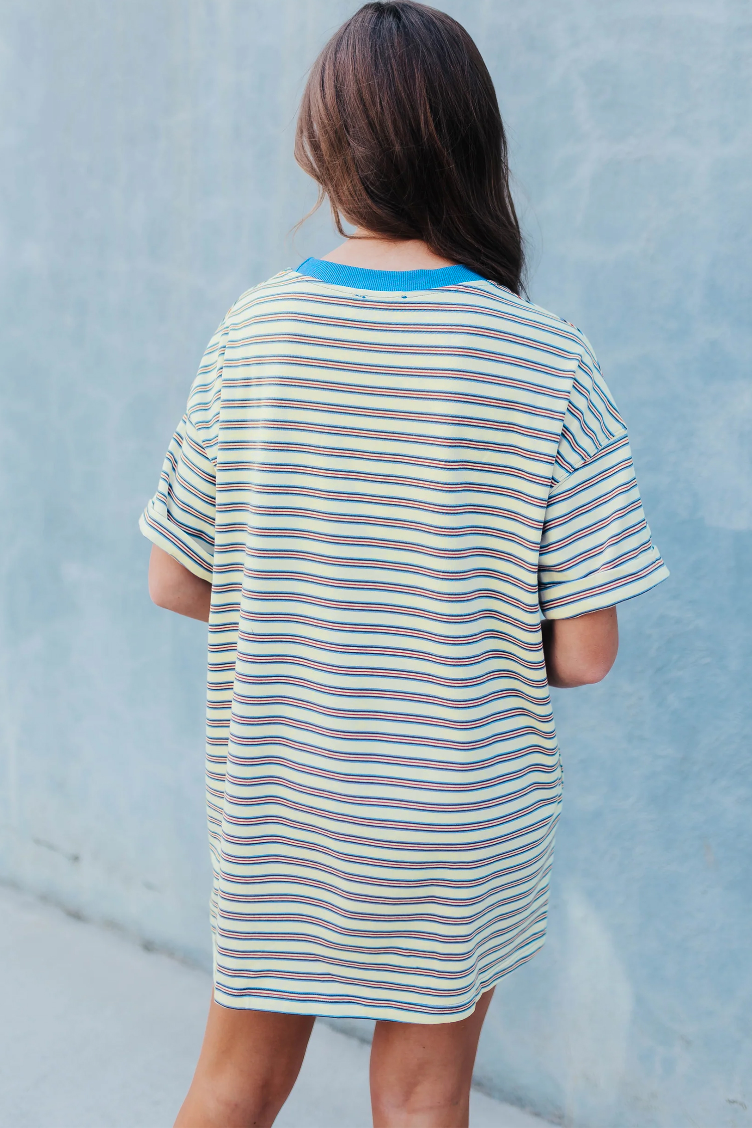 White Stripe Drop Shoulder Cuffed Sleeve Loose Tunic T Shirt Mini Dress - loveforevers