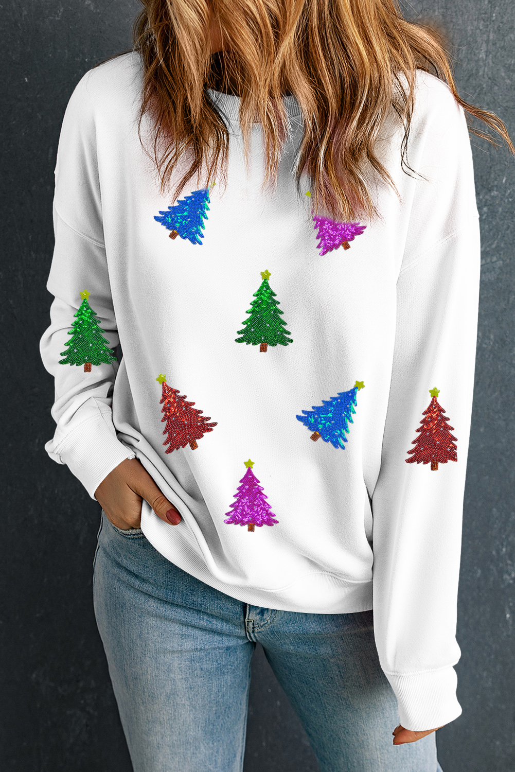 White Shiny Christmas Tree Patched Patterned Festive Sweatshirt - loveforevers