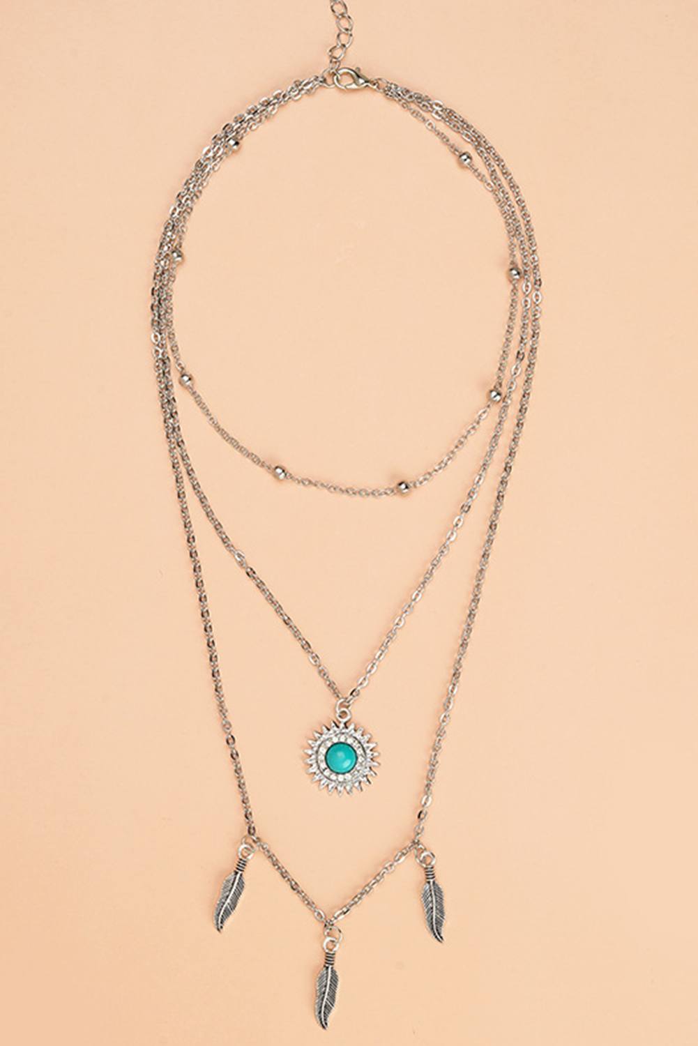 Silvery Boho Turquoise Sun Leaves Multi Layered Necklace - loveforevers