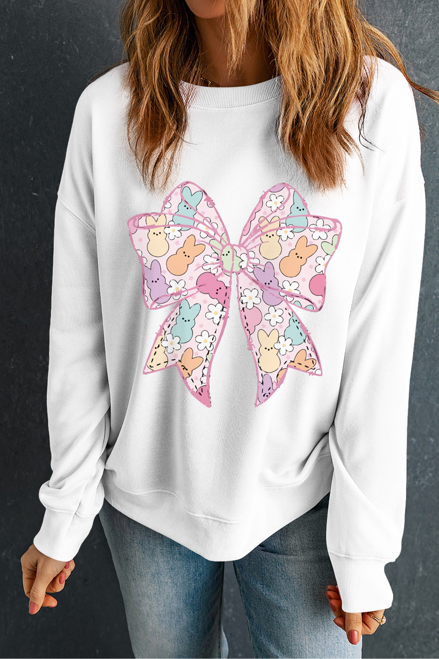 White Easter Bunny Bow Printed Casual Sweatshirt - loveforevers