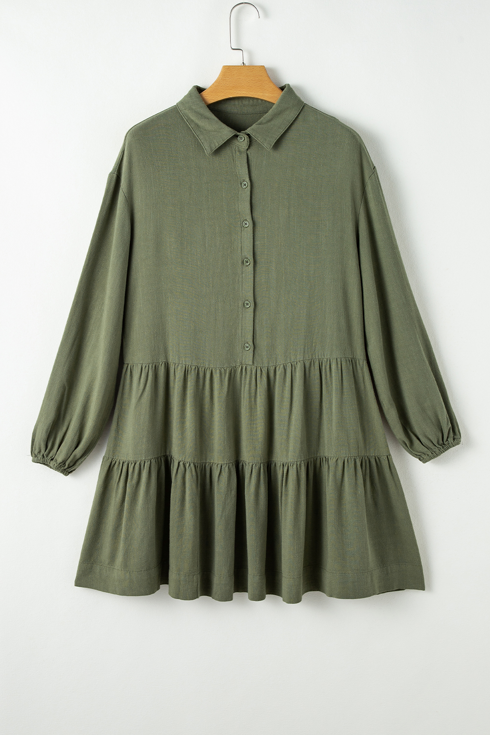 Jungle Green Puff Sleeve Buttoned Tiered Pleated Shirt Mini Dress - loveforevers