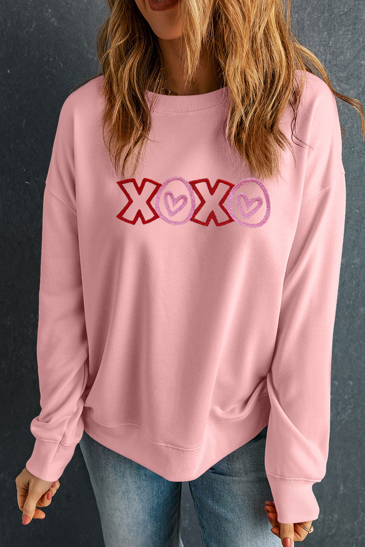 Pink XOXO Playful Embroidered Valentines Day Sweatshirt - loveforevers