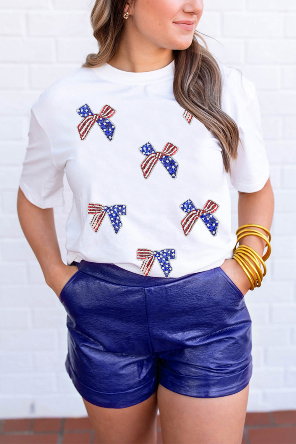 White Sequin Flag Bow Pattern Crew Neck Patriotic Tee - loveforevers