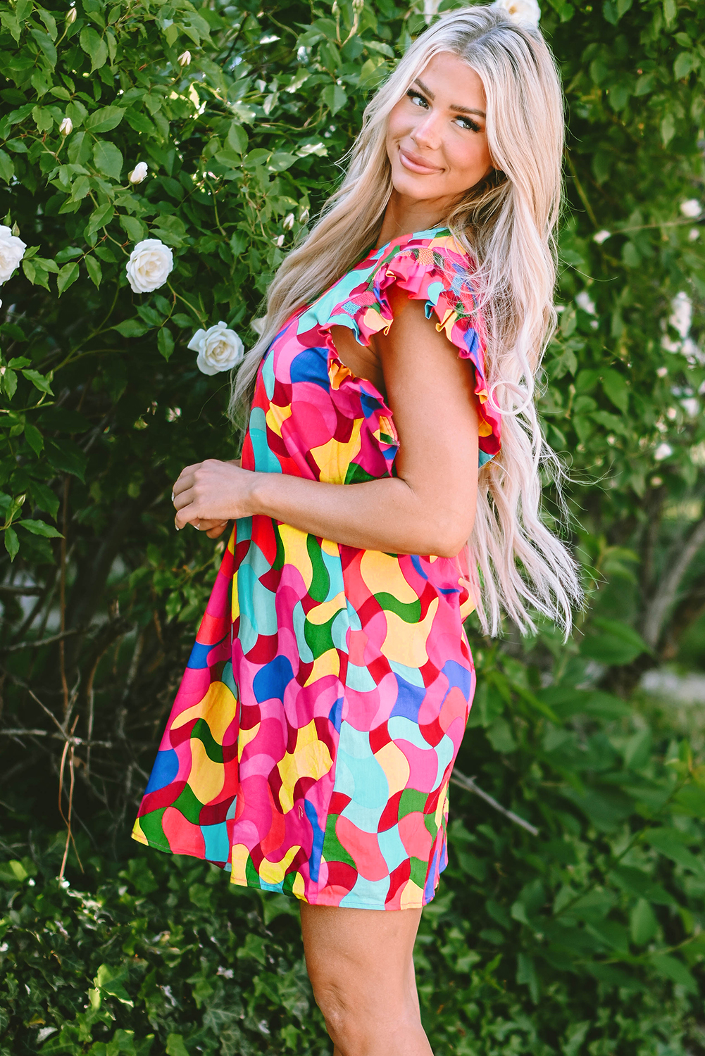 Rose Red Dramatic Ruffle Sleeve Smock Neck Wavy Print Top - loveforevers