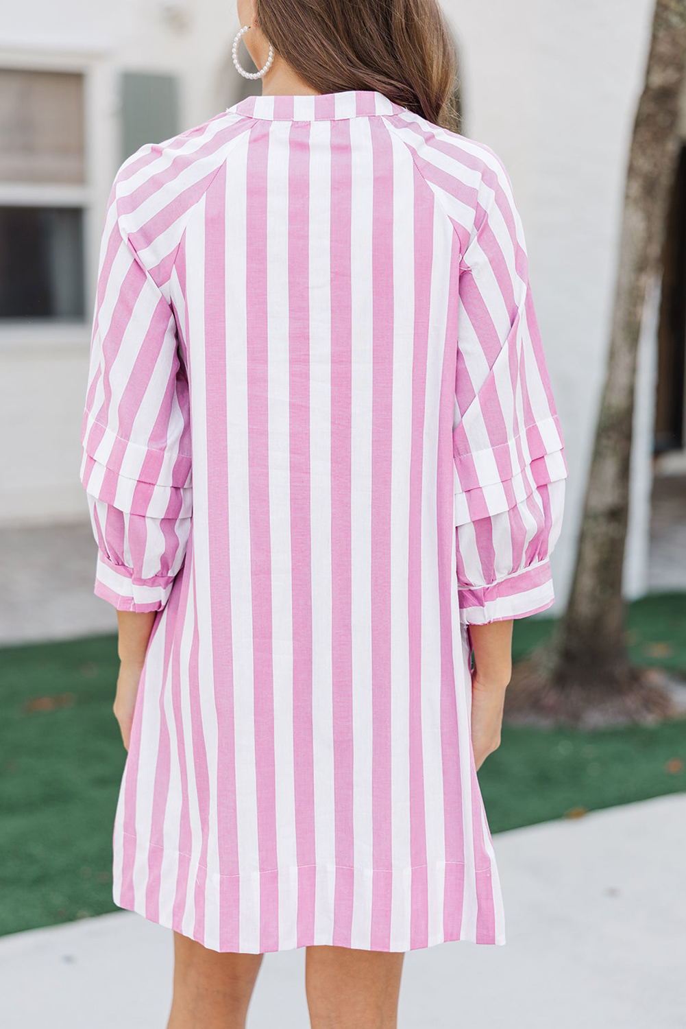 Rose Stripe Bracelet Sleeve Buttons Loose Mini Dress - loveforevers