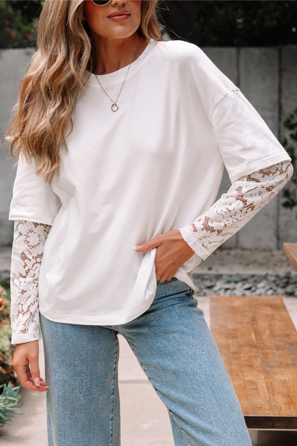 Black Lace Long Sleeve Insert Drop Shoulder Tee - loveforevers
