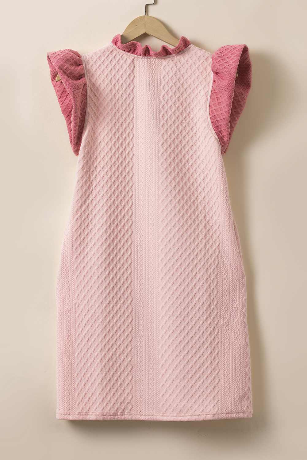 Light Pink Textured Puff Sleeve Ruffled V Neck Shift Mini Dress - loveforevers