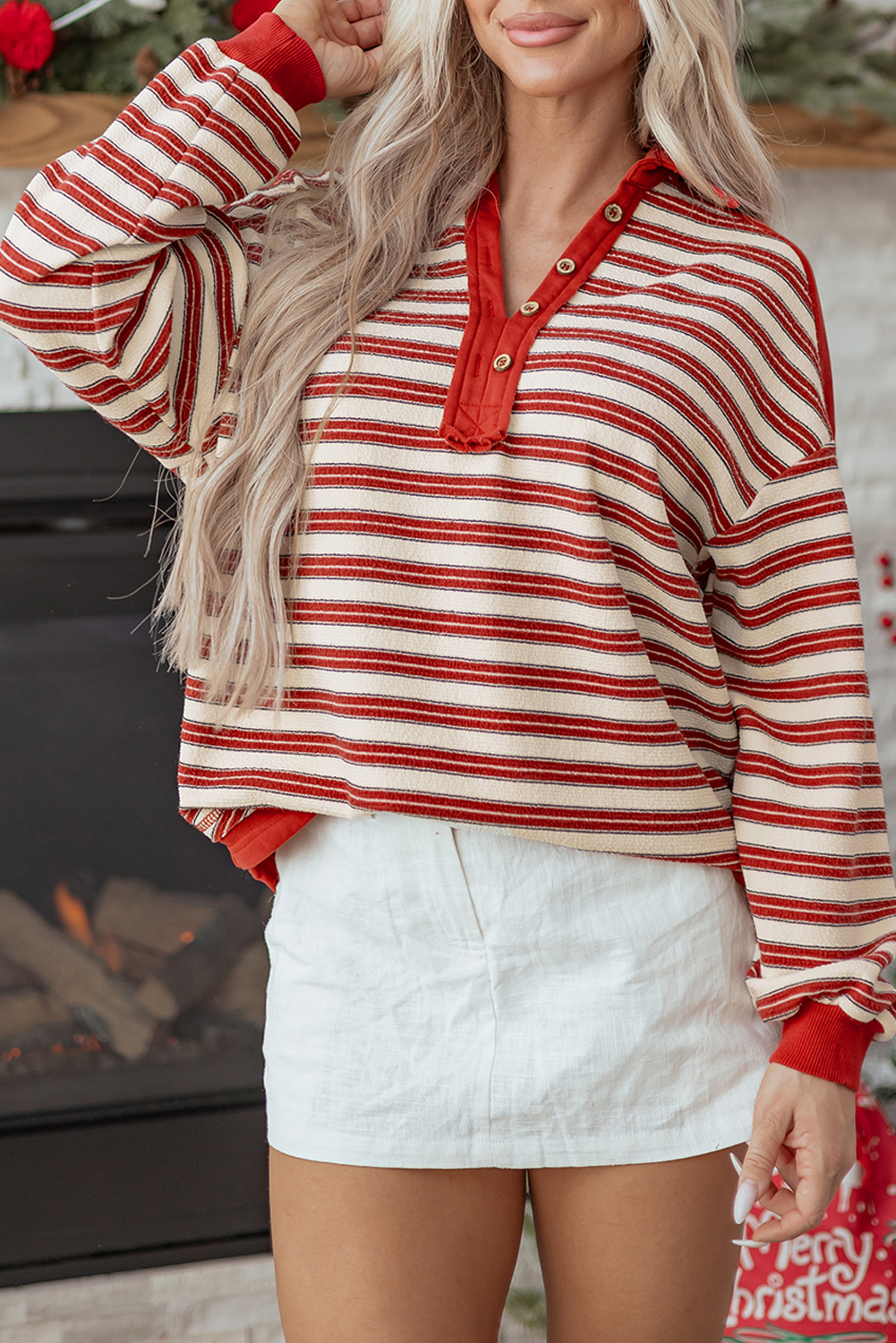 Red Stripe Buttoned V Neck Collared Drop Shoulder Top - loveforevers