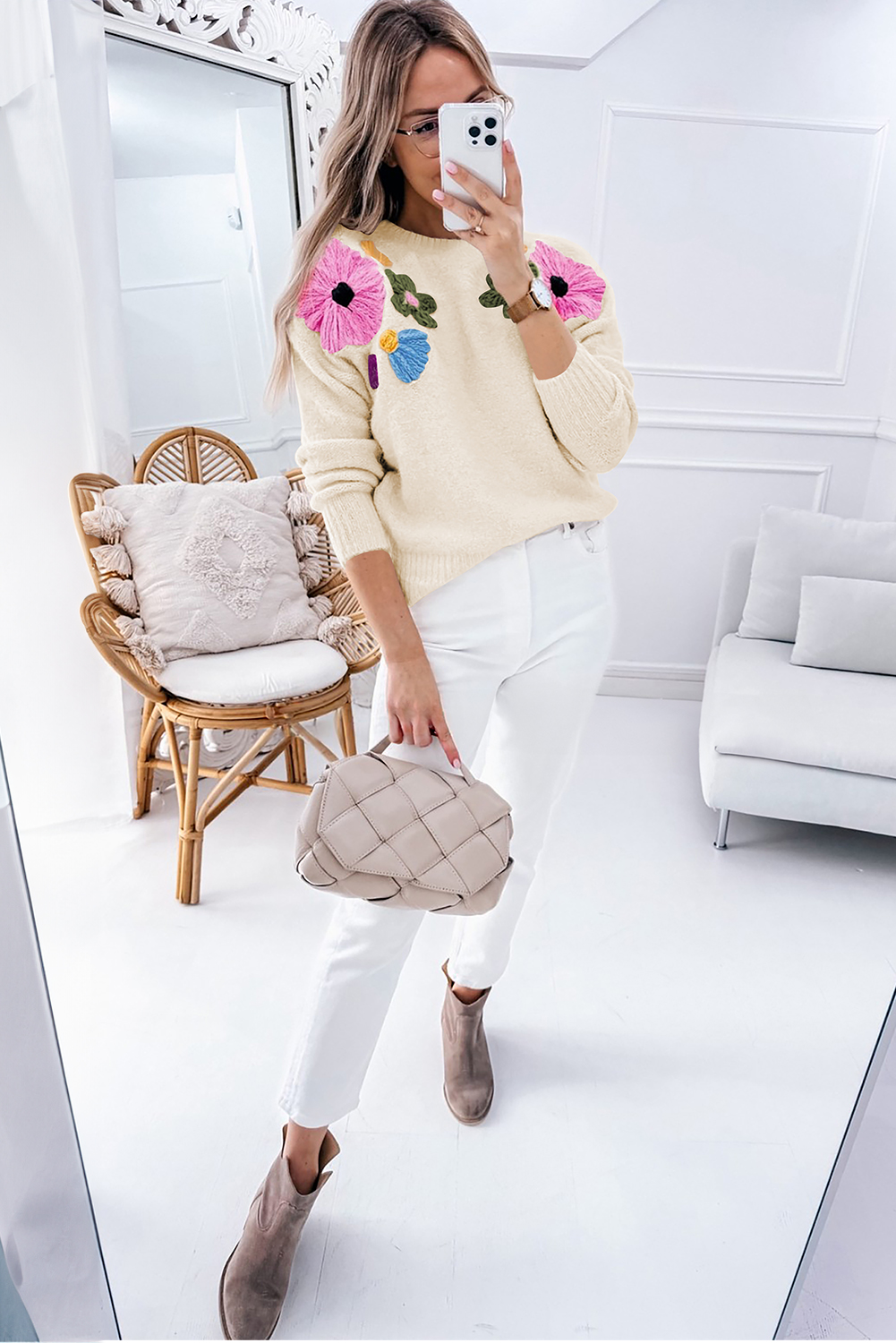 Pink Knitted Flower Pattern Ribbed Edge Sweater - loveforevers