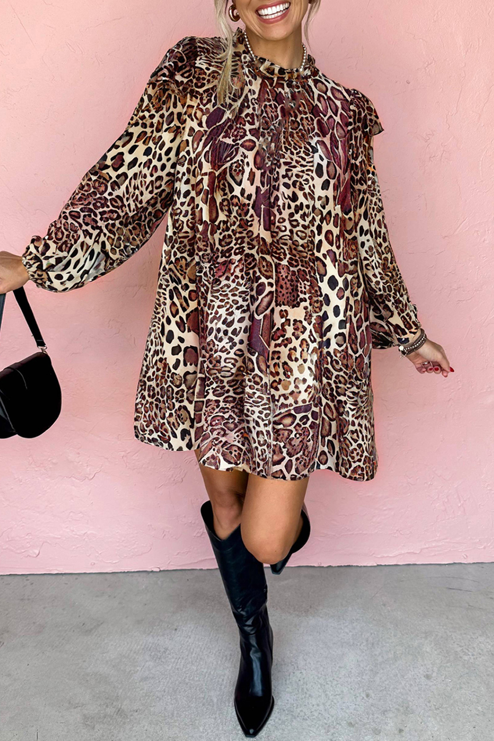 Brown Leopard Ruffled Detail Long Sleeve Loose Mini Dress - loveforevers
