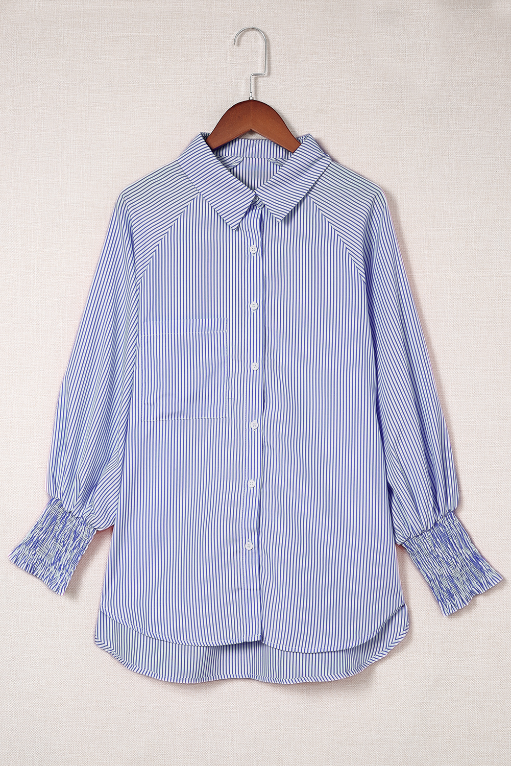 Red Stripe Smocked Cuffed Striped Boyfriend Shirt with Pocket - loveforevers