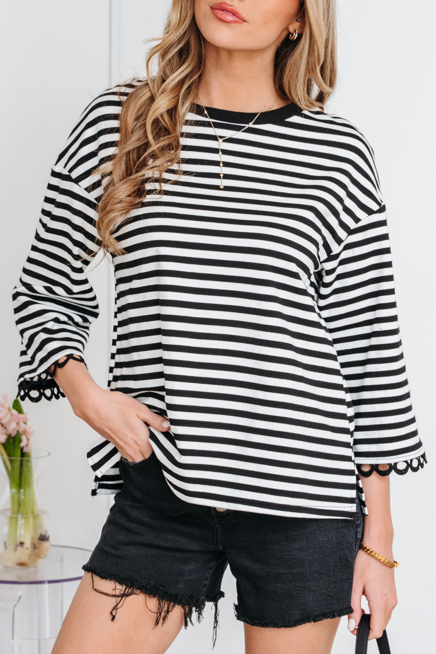 Racing Red Striped Print Drop Shoulder Lace Trim Bracelet Sleeve Loose Top - loveforevers