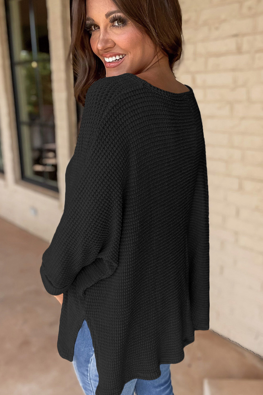 White Waffle Knit Side Slits Loose Fit V Neck Top - loveforevers