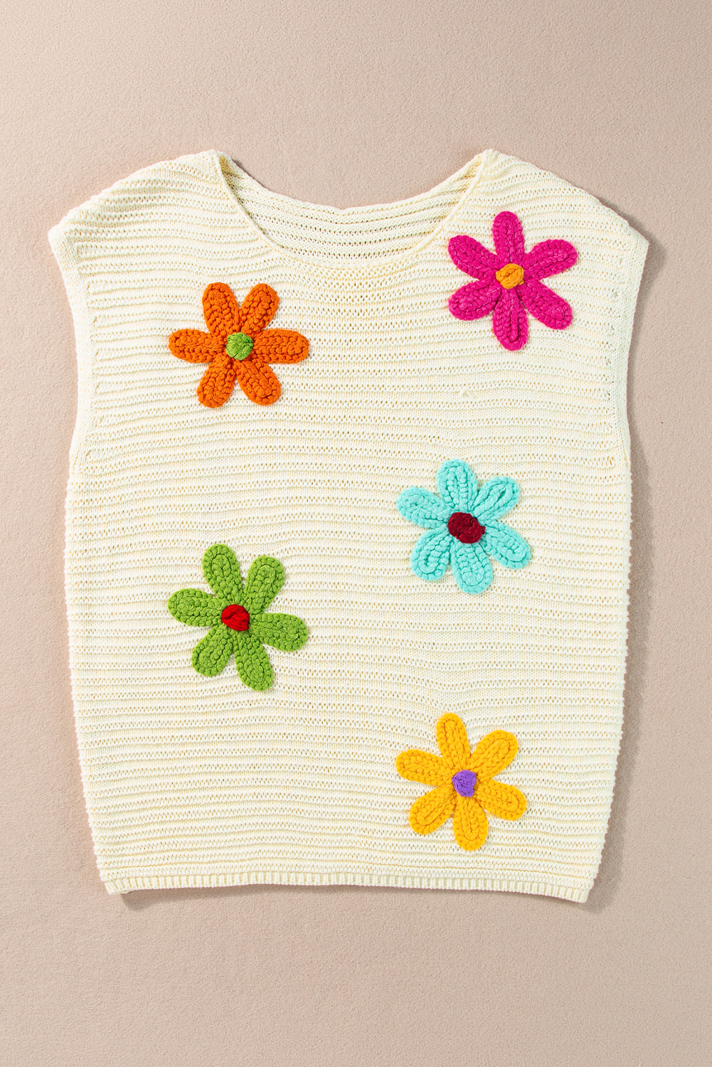 White Flower Crochet Round Neck Knitted Top - loveforevers