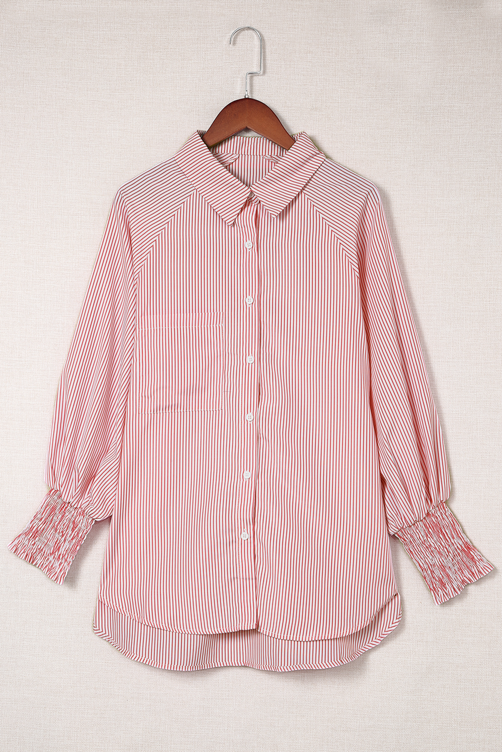 Red Stripe Smocked Cuffed Striped Boyfriend Shirt with Pocket - loveforevers