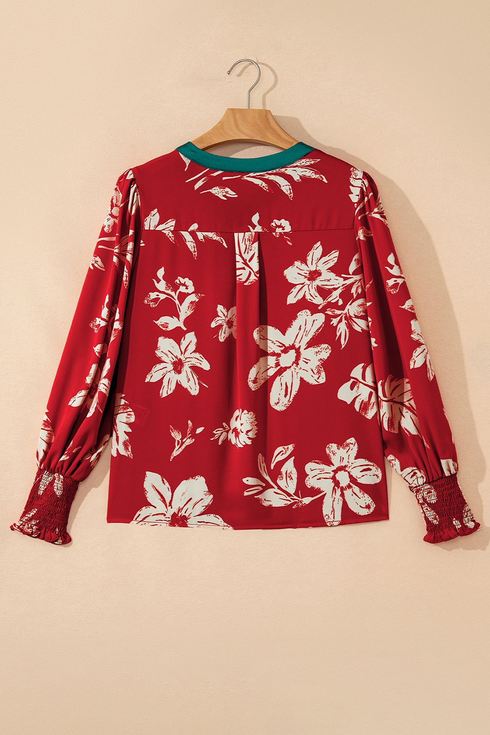 Red Contrast Tied Neck Shirred Puff Sleeve Flower Blouse - loveforevers