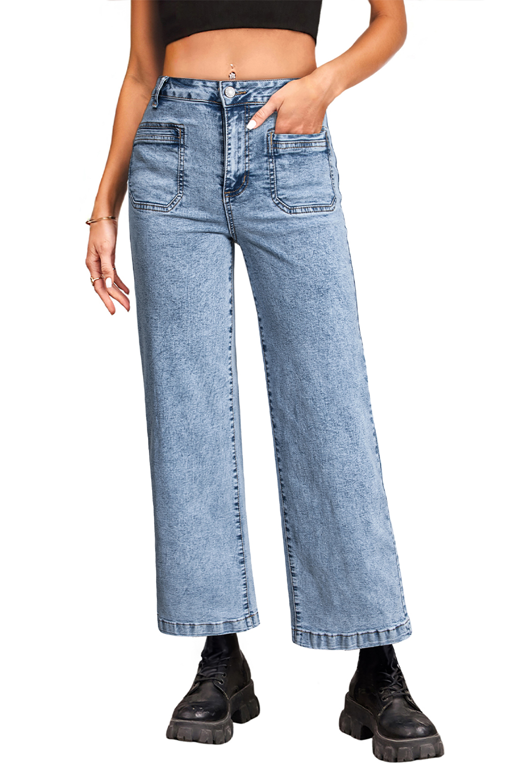 Light Blue Chic Patch Pocket Straight Leg Loose Jeans - loveforevers
