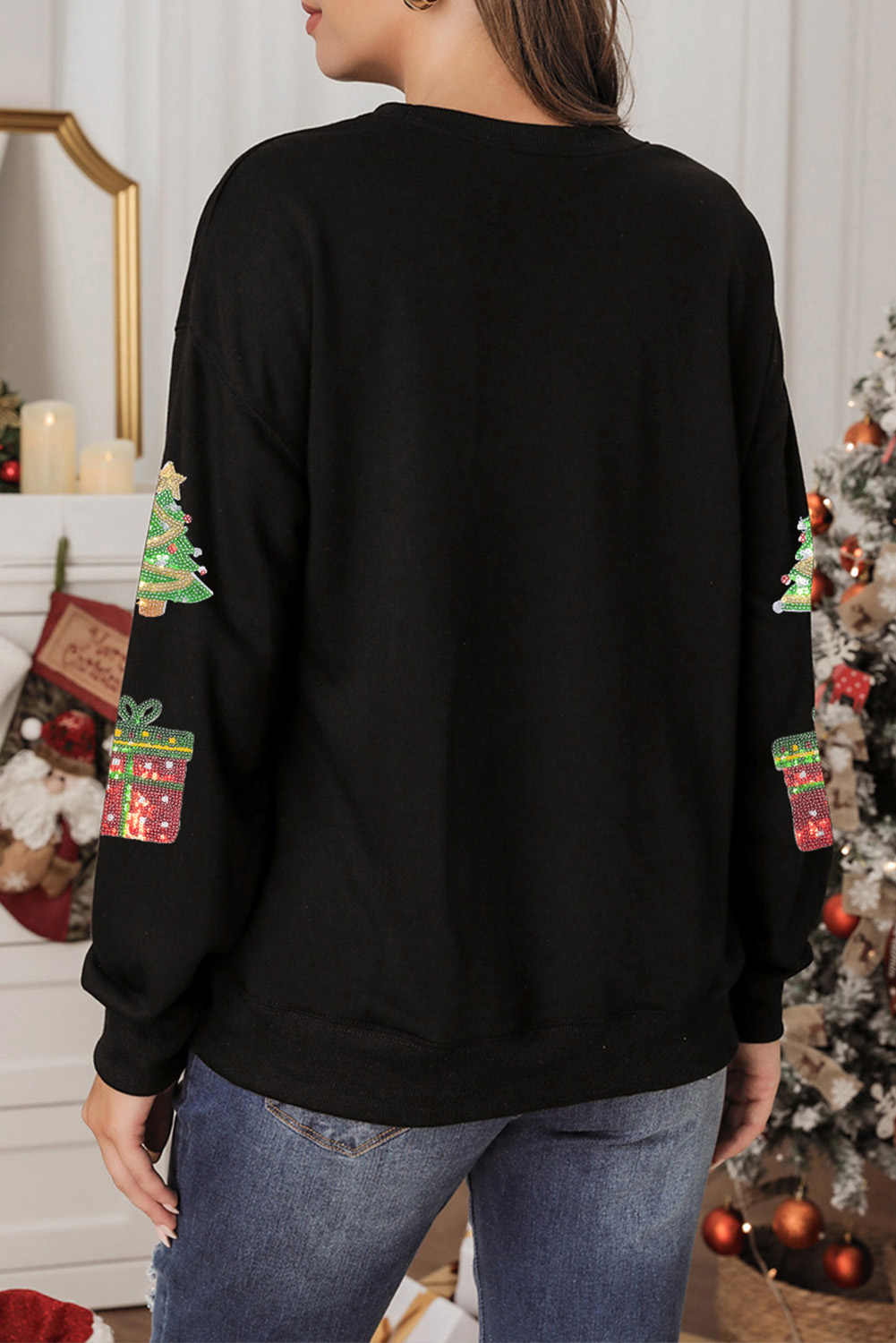 Black Sequin Christmas Trees Gifts Patched Drop Shoulder Sweatshirt - loveforevers