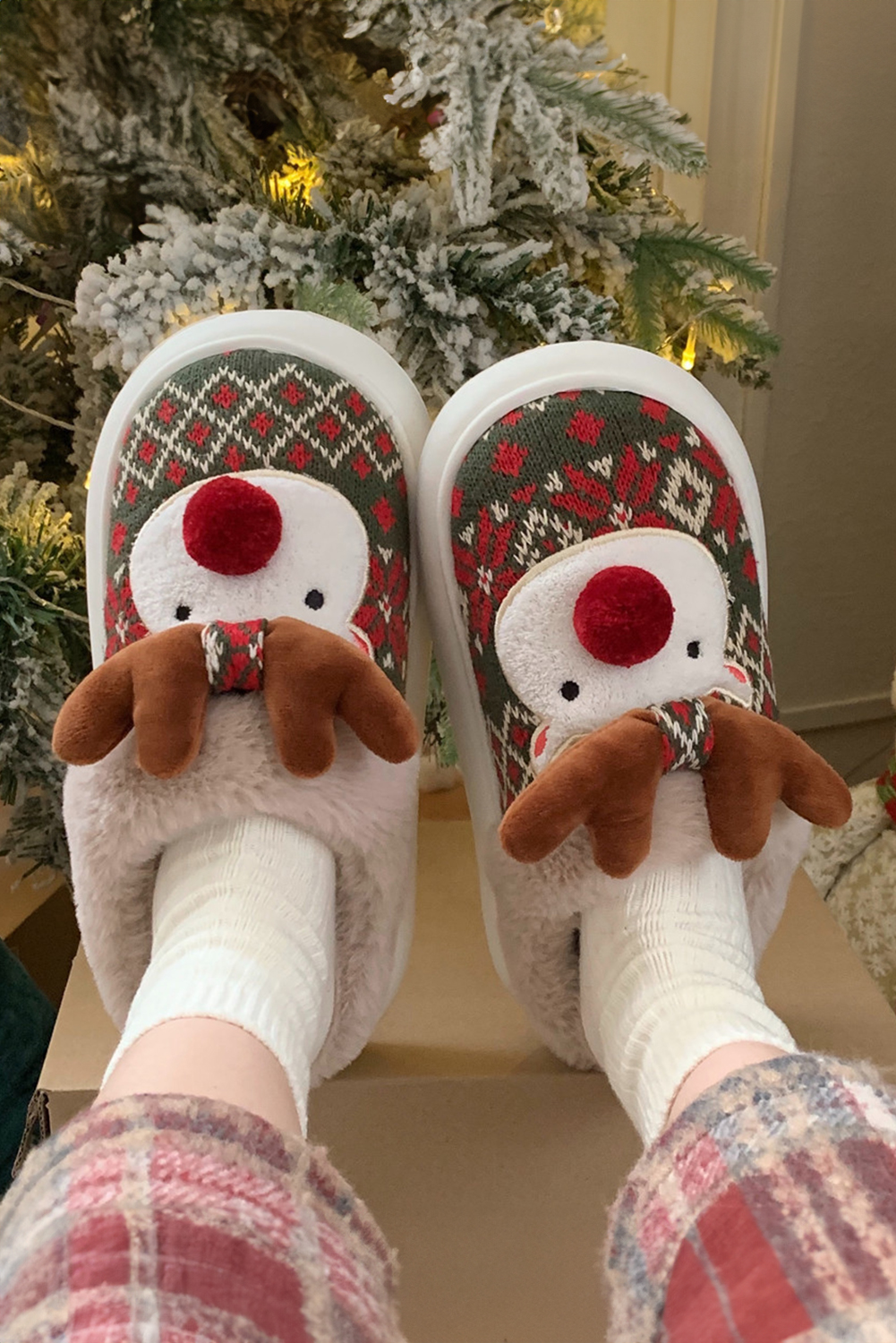 Dark Green Christmas Cartoon Reindeer Plush Home Slippers - loveforevers