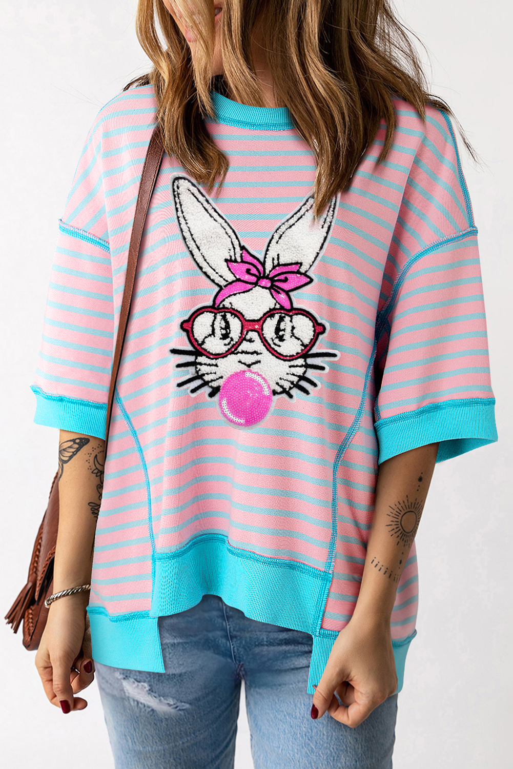 Pink Stripe Easter Rabbit Graphic Contrast Banded Drop Shoulder Tee - loveforevers