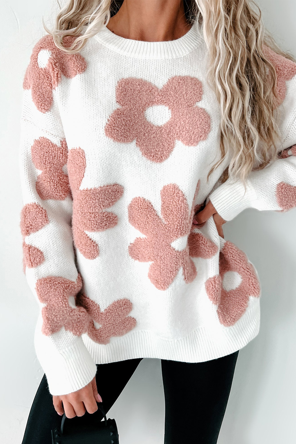 White Textured Flower Drop Shoulder Loose Sweater - loveforevers