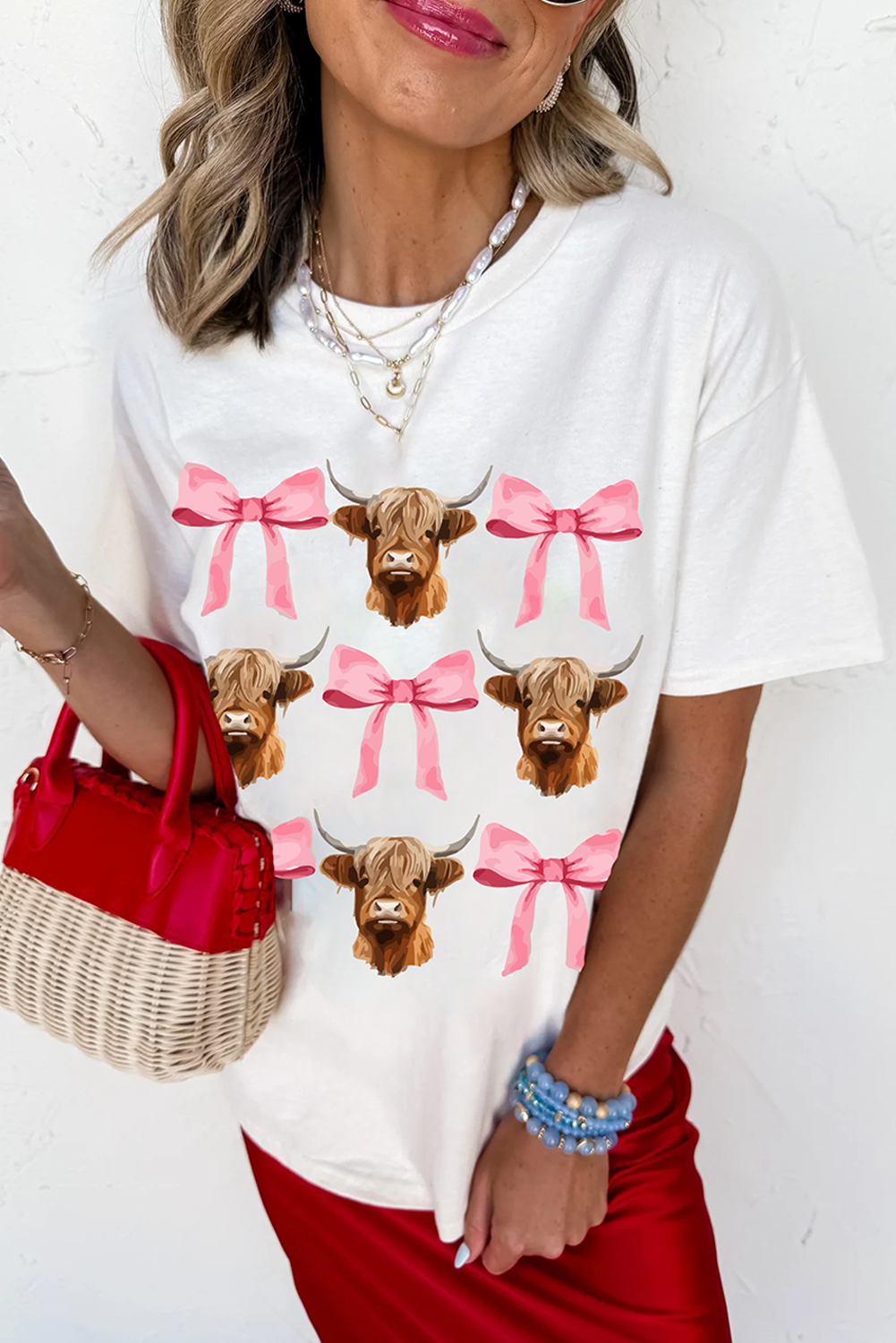 White Coquette Highland Cow Png Bows Graphic Tee - loveforevers