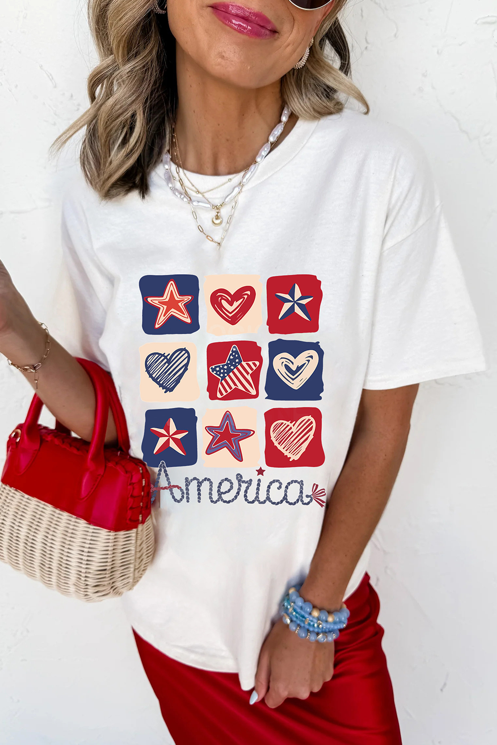 White American Heart Star Checkered Graphic Tee - loveforevers