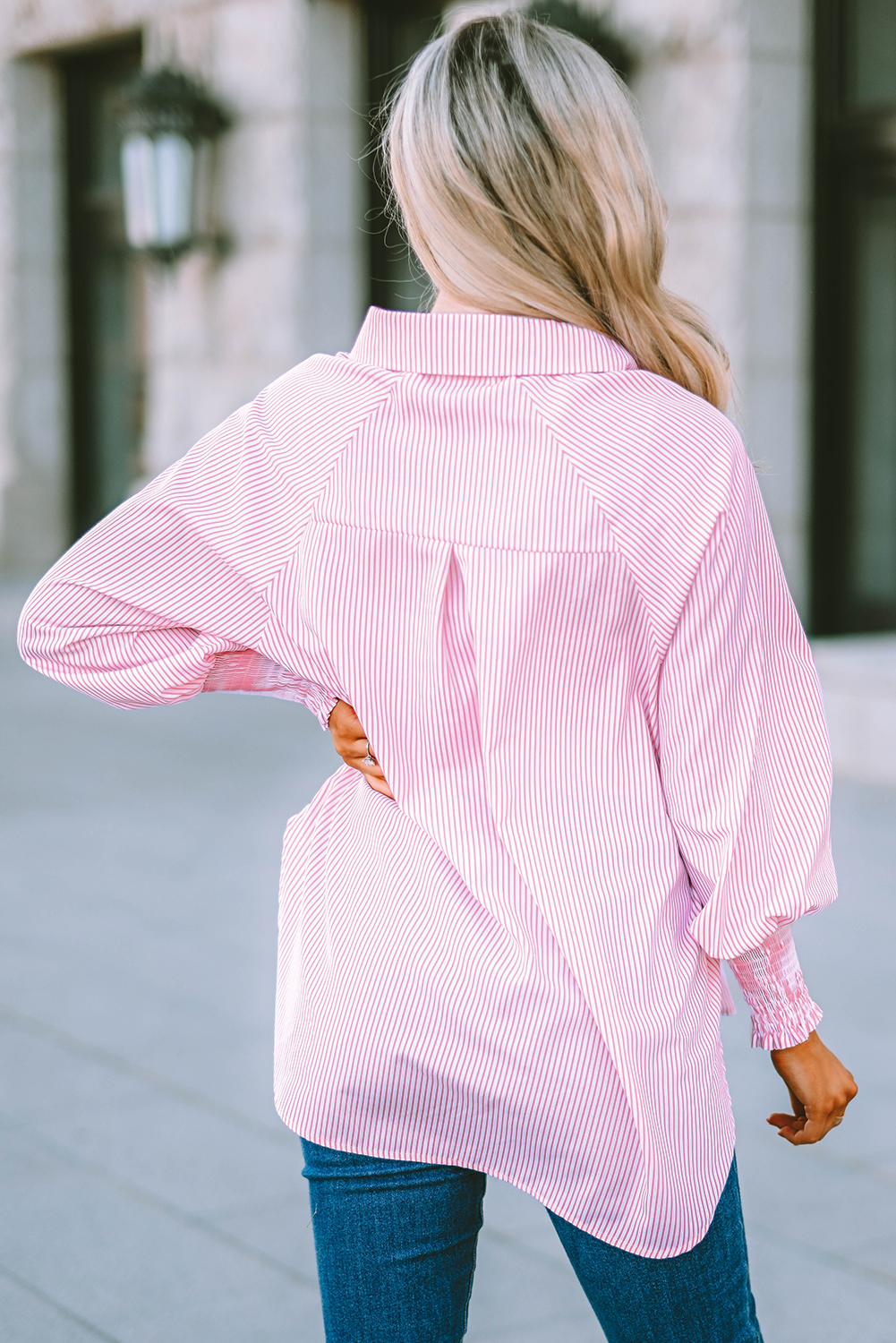 Red Stripe Smocked Cuffed Striped Boyfriend Shirt with Pocket - loveforevers