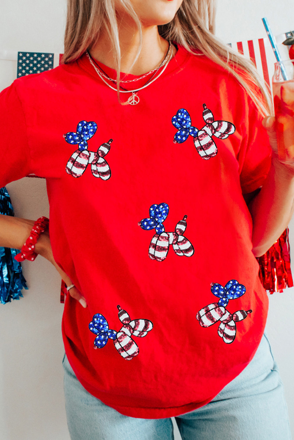 White Sequin Stars and Stripes Balloon Puppy Graphic Crewneck Tee - loveforevers