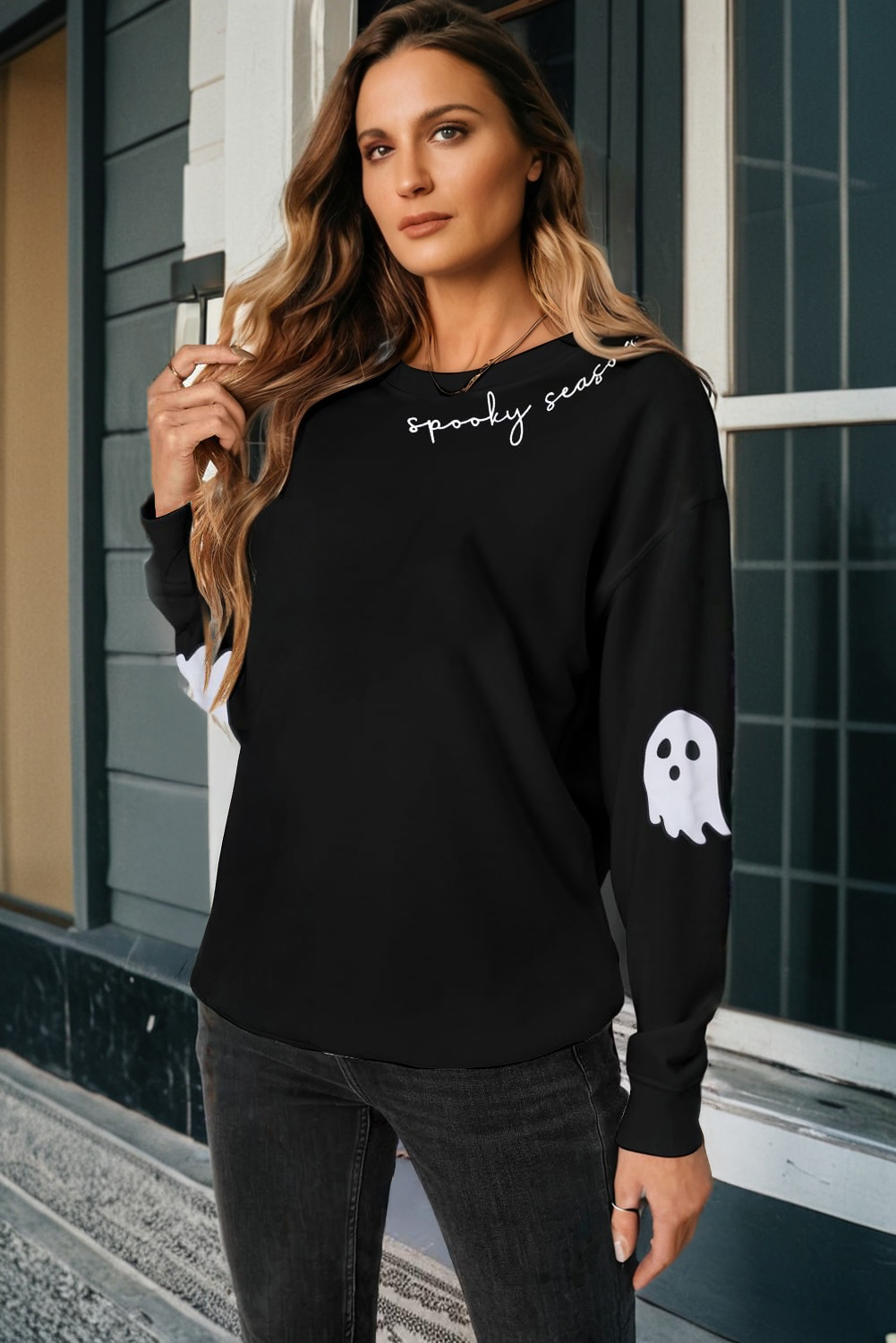 Black Spooky Season Halloween Ghost Printed Drop Shoulder Sweatshirt - loveforevers
