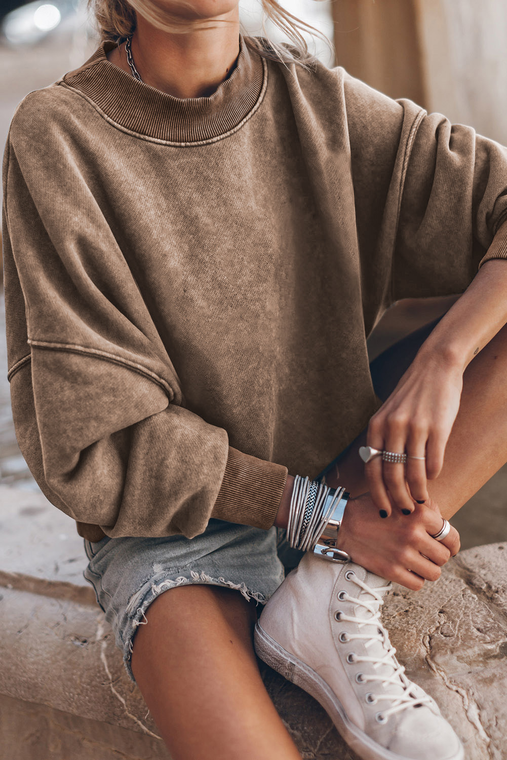 Brown Drop Shoulder Crew Neck Pullover Sweatshirt - loveforevers